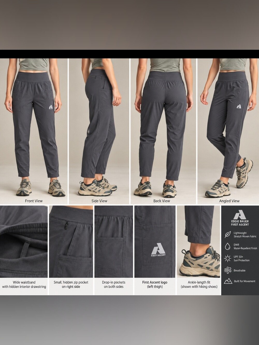 Eddie Bauer First Ascent Guide Climbing Ankle Pants Women’s 6 Carbon
